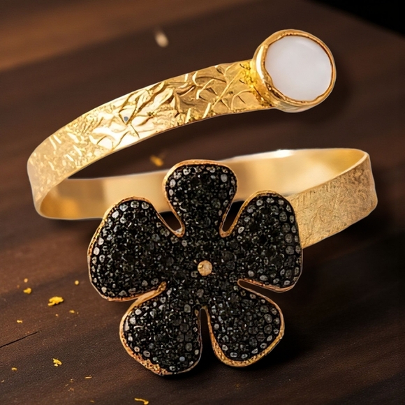 🆕️Turkish Artisanal Black Flower Set 18K Gold Plated Brass Statement Jewelry - Picture 14 of 15
